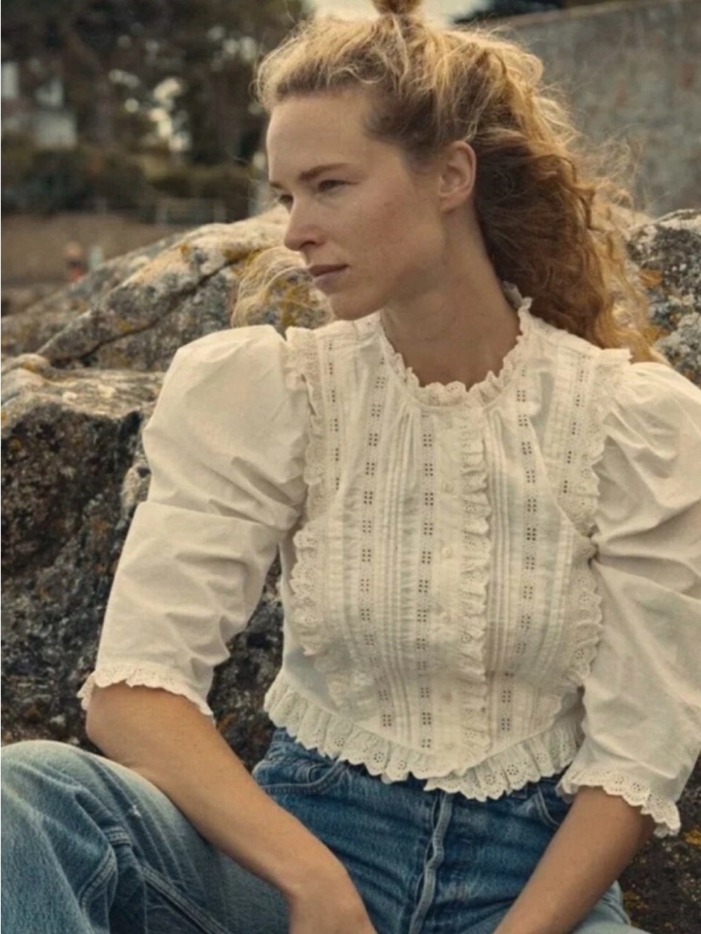 NWT Doen XS Amadine white Lace-Trim Puff Sleeve Blouse